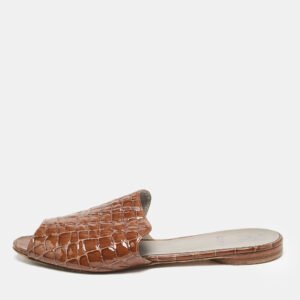 Gina Brown Croc Embossed Patent Leather Slide Sandals Size 41