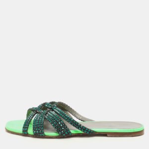 Gina Green Leather Crystal Embellished Flat Slides Size 38.5