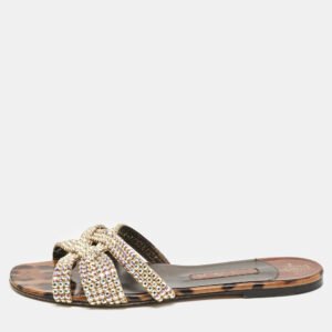 Gina Brown Leopard Print Patent Leather Crystal Embellished Flat Slides Size 41