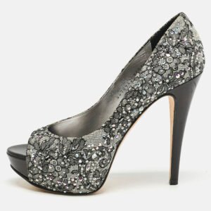 luxury-women-gina-used-shoes-p1152376-010 Gina Grey/Black Lace Crystal Embellished Open Toe Platform Pumps Size 39