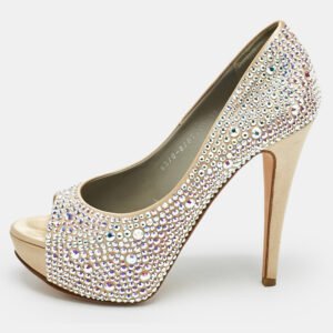 Gina Beige Satin Crystal Embellished Open Toe Platform Pumps Size 38.5