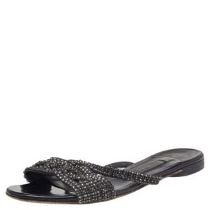 Gina Black Crystal Embellished Leather Flat Slides Size 37.5