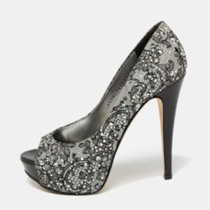 Gina Grey/Black Lace Crystal Embellished Open Peep  Platform Pumps Size 37