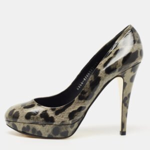 Gina Grey/Black Leopard Print Patent Leather Platform Pumps Size 39.5