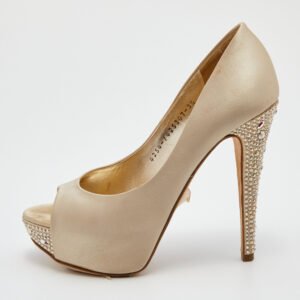 Gina Cream Satin Crystal Embellished Heel Open Toe Platform Pumps Size 36.5