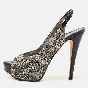 Gina Black Lace Crystal Embellished Peep Toe Slingback Platform Pumps Size 37.5