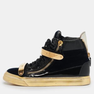 Giuseppe Zanotti Black/Gold Velvet And Patent Leather Coby High Top Sneakers Size 39