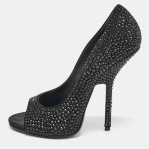 Giuseppe Zanotti Black Satin Crystal Embellished Open Toe Pumps Size 39