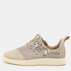 Giuseppe Zanotti Beige Crystal Embellished Suede And Mesh May London Slip On Sneakers Size 36.5