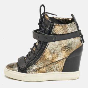 Giuseppe Zanotti Metallic Python Embossed Leather Wedge Sneakers Size 39