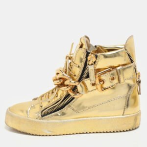 Giuseppe Zanotti Gold Leather Chain High Top Sneakers Size 37.5