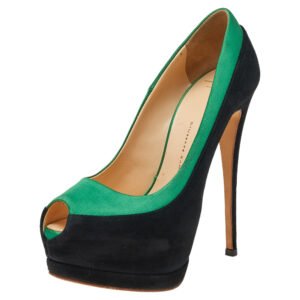 Giuseppe Zanotti Black/Green Satin and Suede Peep Toe Platform Pumps Size 36
