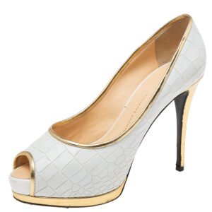 Giuseppe Zanotti White Croc Embossed Leather Peep-Toe Platform Pumps Size 39