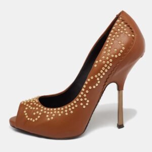 Giuseppe Zanotti Tan Studded Leather Peep-Toe Pumps Size 37.5