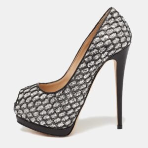 Giuseppe Zanotti Black Glitter And Lace Peep Toe Platform Pumps Size 37.5
