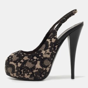 Giuseppe Zanotti Black/Grey Lace Platform Slingback Pumps Size 38