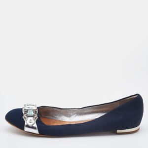 Giuseppe Zanotti Navy Blue Canvas Crystals Embellishment Ballet Flats Size 40.5