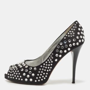 Giuseppe Zanotti Black Satin Crystal Embellished Peep Toe Platform Pumps Size 36