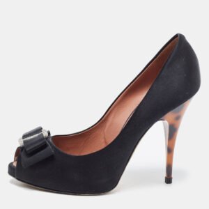 Giuseppe Zanotti Black Satin Bow Embellished Peep Toe Pumps Size 37.5