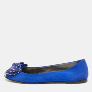 Giuseppe Zanotti Blue Suede and Gold Cap Toe Studded Bow Ballet Flats Size 38.5