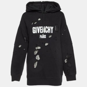 Givenchy Black Logo Print Cotton Distressed Hooded Sweatshirt L