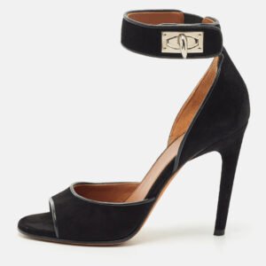 Givenchy Black Leather and Suede Shark Lock Ankle Strap Sandals Size 36