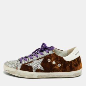 Golden Goose Brown/Silver Velvet and Glitter Superstar Low Top Sneakers Size 38