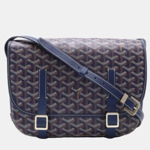 luxury-women-goyard-used-handbags-p1150738-001 Goyard Blue Coated Canvas Leather Belvedere MM Shoulder Bag