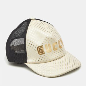 Gucci White Stars/Guccy Print Leather & Mesh Baseball Cap L