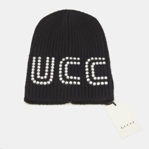 Gucci Black Crystal Guccy Detail Rib Knit Beanie M