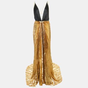 Gucci Metallic Gold Satin Silk and Lame Plisse Harness Detail Gown L