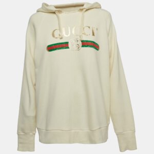 Gucci Cream Logo Print Embroidered Cotton Knit Hoodie XS