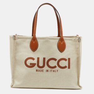 gucci beige/light brown canvas and leather logo printed medium tote