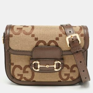 luxury-women-gucci-new-handbags-p1156440-007 Gucci Brown/Beige Jumbo GG Canvas and Leather Mini Horsebit 1955 Shoulder Bag