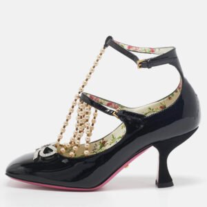Gucci Black Patent Leather Pearl Embellished T Strap Pumps Size 35