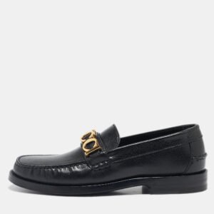 Gucci Black Leather Quentin Logo Plaque Slip On Loafers Size 35