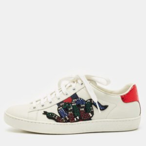 gucci white leather and snakeskin leather ace low top sneakers size 35.5