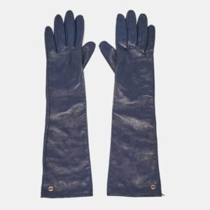Gucci Navy Blue Leather Interlocking G Long Gloves Size 6.5