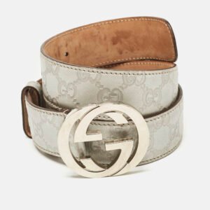 Gucci Silver Guccissima Leather Interlocking G Buckle Belt 85 CM