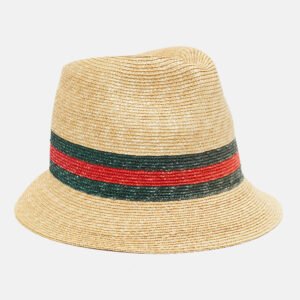 Gucci Brown Web Print Straw Fedora Hat M
