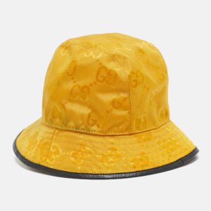Gucci Yellow Logo Leather Applique GG Canvas Bucket Hat