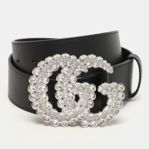 Gucci Black Leather GG Crystal Buckle Belt 70CM