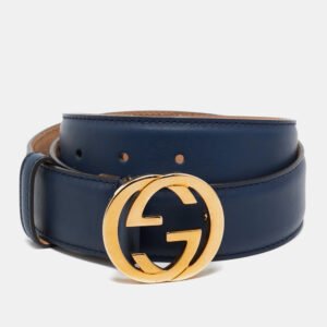 Gucci Navy Blue Leather Interlocking G Buckle Belt 80 CM