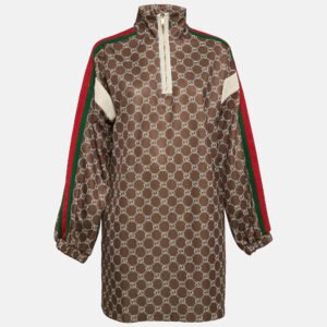Gucci Khaki Green GG Supreme Logo Print Mini High Neck Dress M