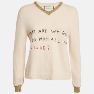 Gucci Beige Embroidered Lurex Trim Wool Knit V-Neck Sweater S