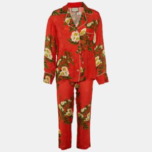 Gucci Red Floral Jacquard Crepe Pajamas Set S
