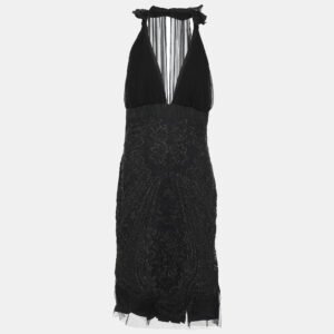 gucci black silk blend embellished halter neck midi dress m