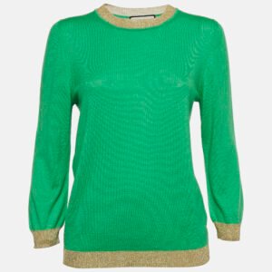 Gucci Green Lurex Trim Cashmere Knit Long Sleeve Top L