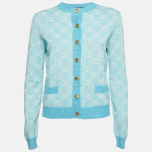 Gucci Blue Monogram Jacquard Cotton and Wool Knit Button Front Cardigan XS
