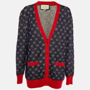 gucci navy blue gg jacquard wool & alpaca button front cardigan l
